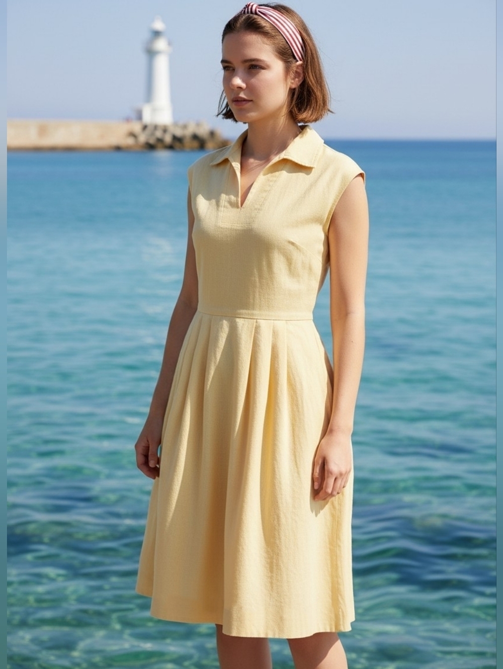 Vintage 1970's Sleeveless Collared Cotton Blend  Dress in Pale Yellow